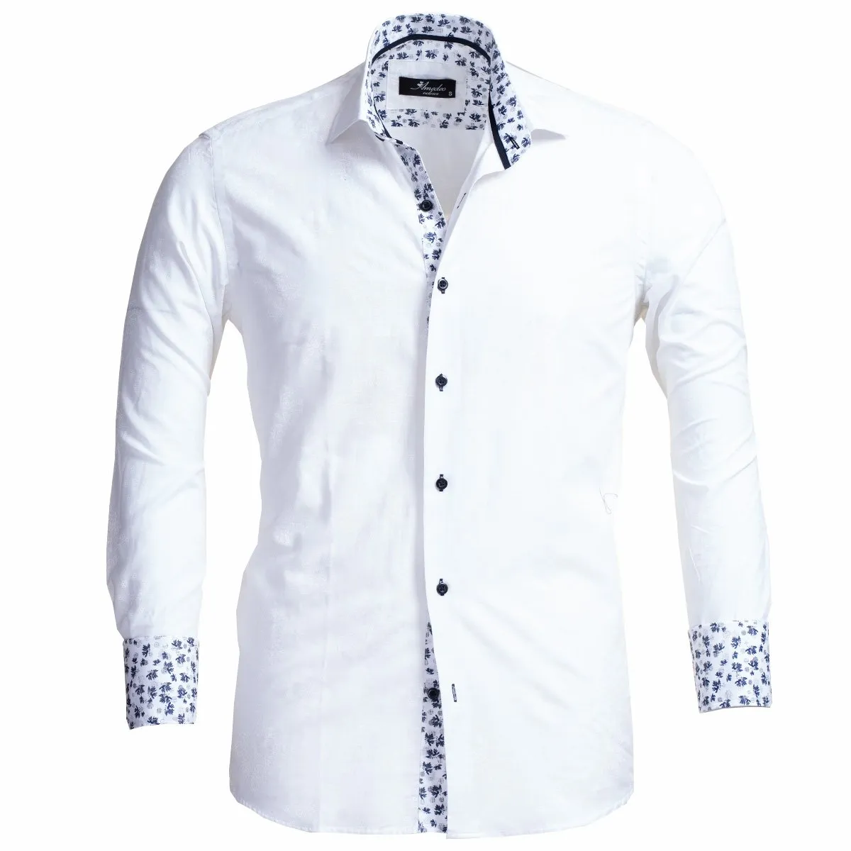 White and Blue Floral Dark Purple Men's Slim Fit French Cuff Shirts with Cufflink Holes - Casual and Formal