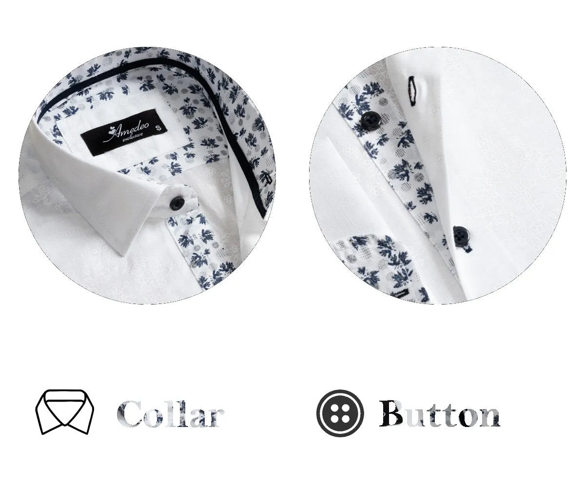 White and Blue Floral Dark Purple Men's Slim Fit French Cuff Shirts with Cufflink Holes - Casual and Formal