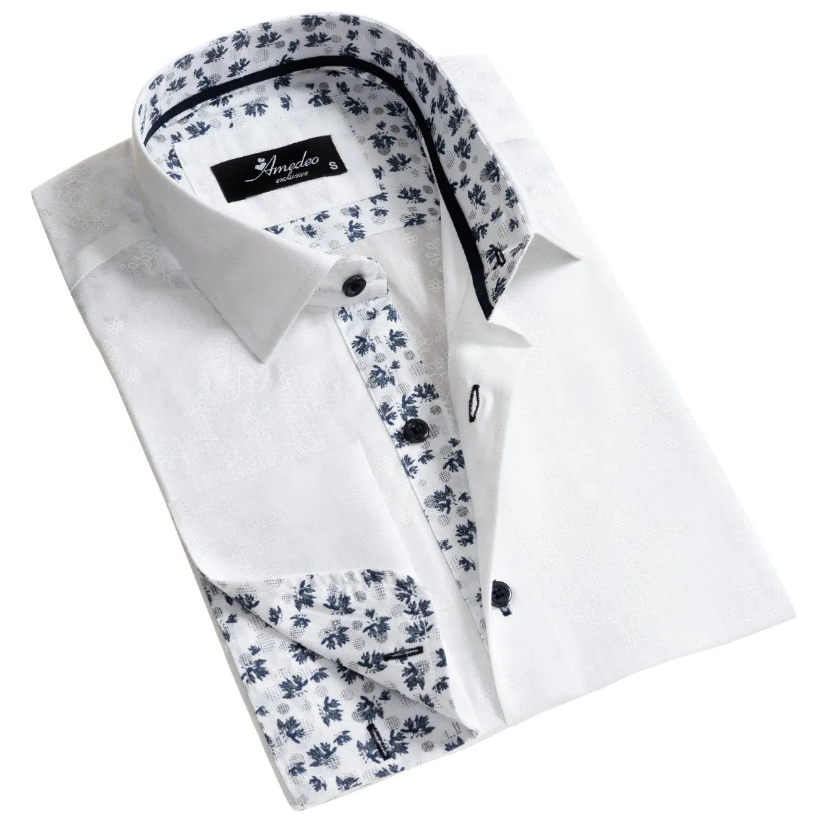White and Blue Floral Dark Purple Men's Slim Fit French Cuff Shirts with Cufflink Holes - Casual and Formal
