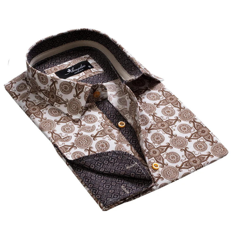 White and Brown Design Mens Slim Fit French Cuff Dress Shirts With Cufflink Holes - Casual And Formal