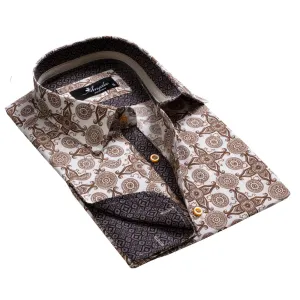 White and Brown Design Mens Slim Fit French Cuff Dress Shirts With Cufflink Holes - Casual And Formal
