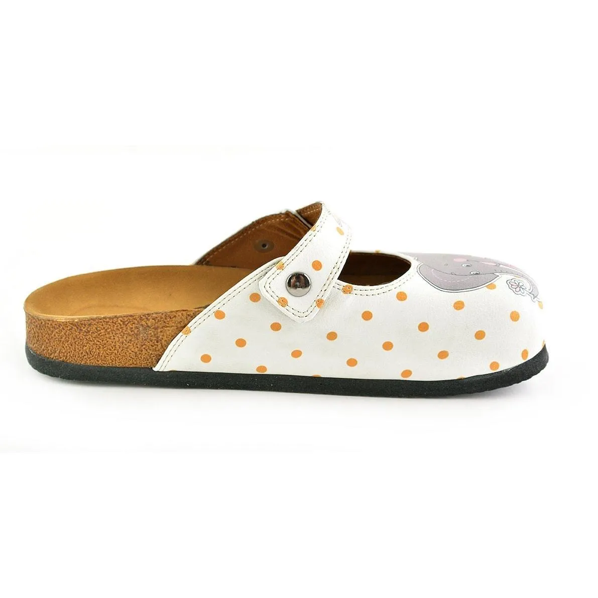 White and Orange Polkadot Pattern and Grey Sweet Elephant Patterned Clogs - CAL810
