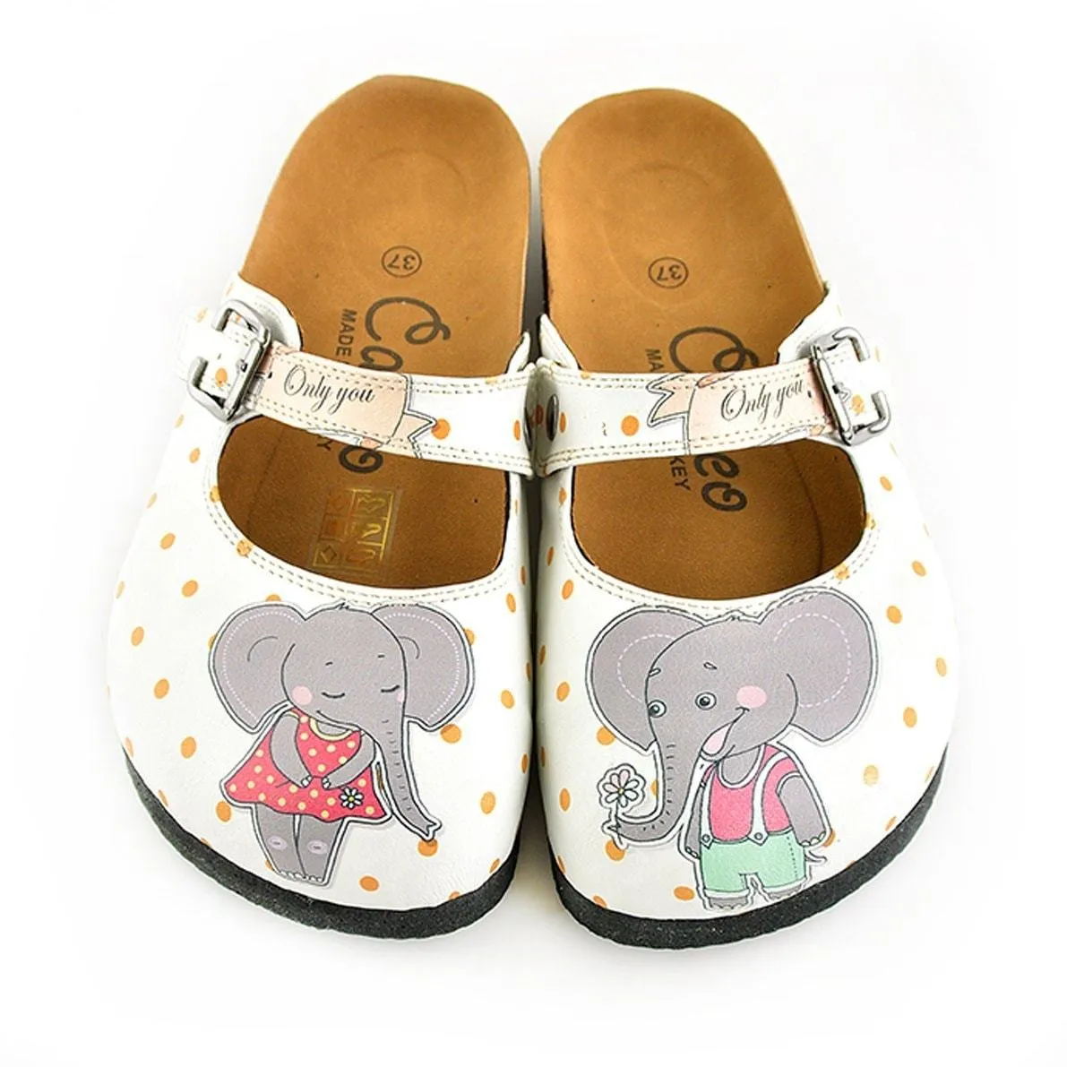 White and Orange Polkadot Pattern and Grey Sweet Elephant Patterned Clogs - CAL810