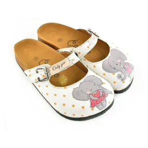 White and Orange Polkadot Pattern and Grey Sweet Elephant Patterned Clogs - CAL810