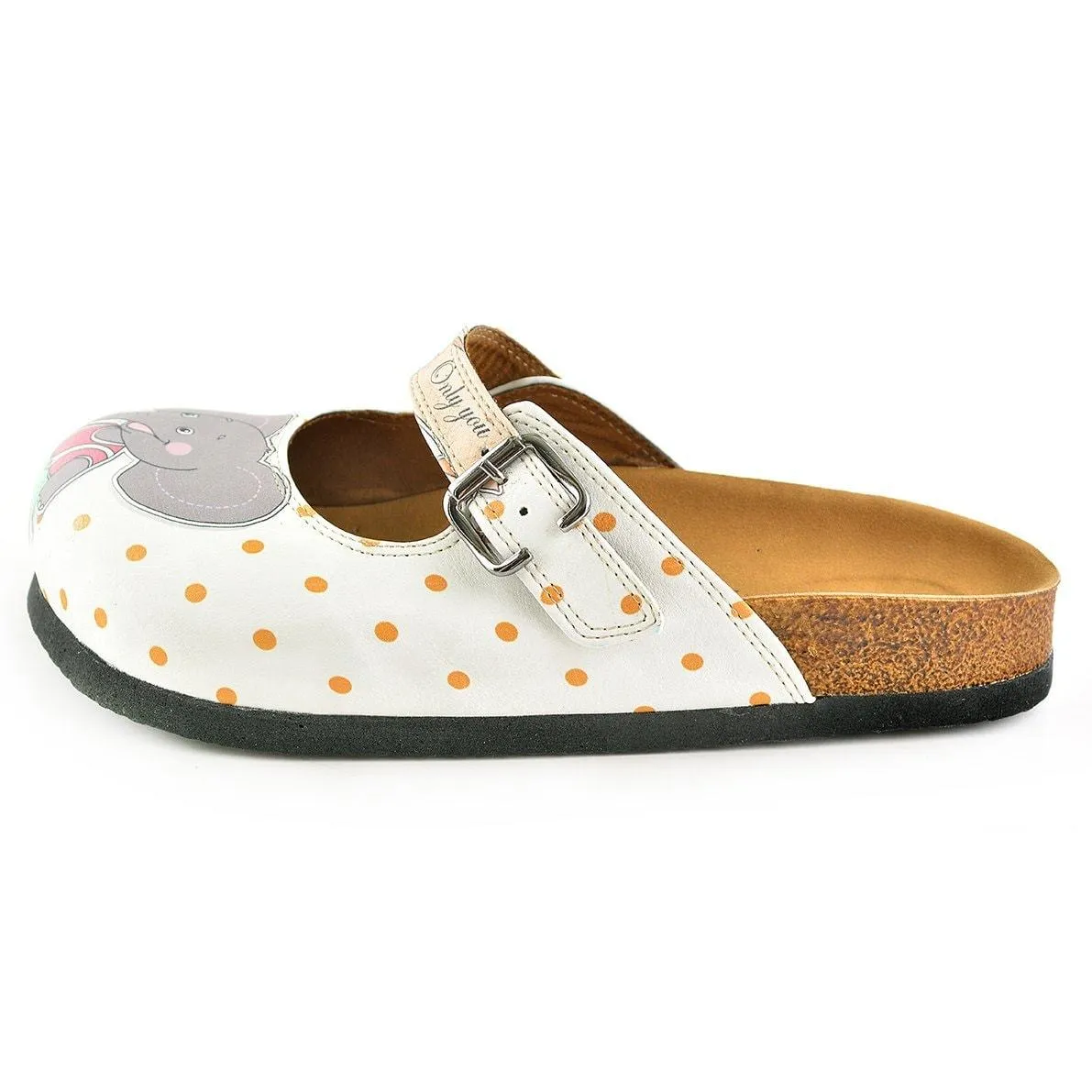 White and Orange Polkadot Pattern and Grey Sweet Elephant Patterned Clogs - CAL810