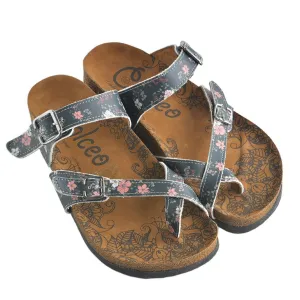 White and Pink Flowers, Green Leafy, Black Pattern Sandal - CAL1009