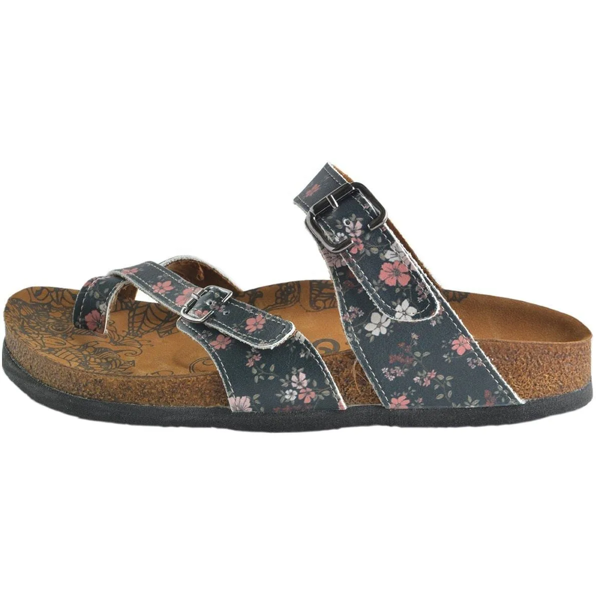 White and Pink Flowers, Green Leafy, Black Pattern Sandal - CAL1009