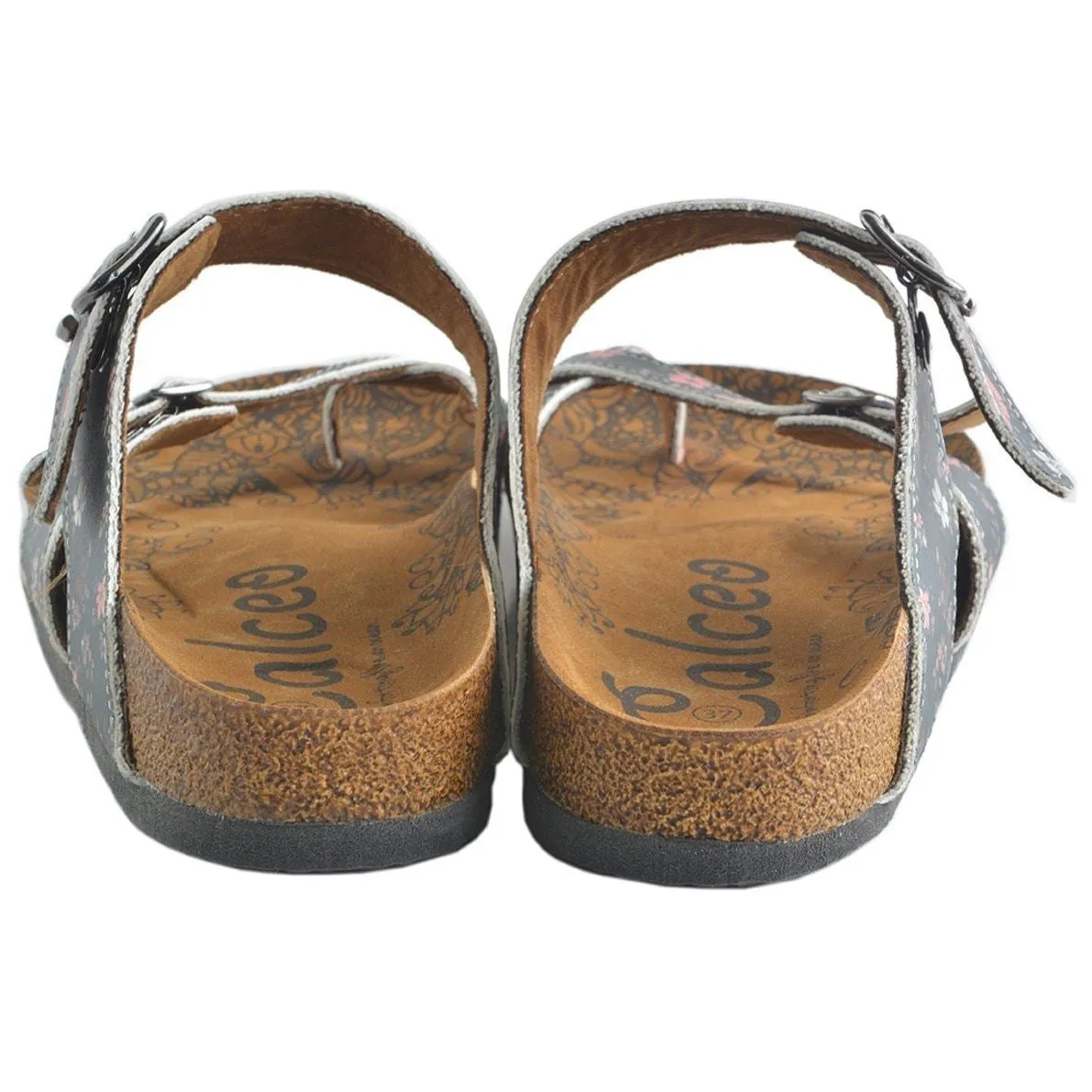 White and Pink Flowers, Green Leafy, Black Pattern Sandal - CAL1009