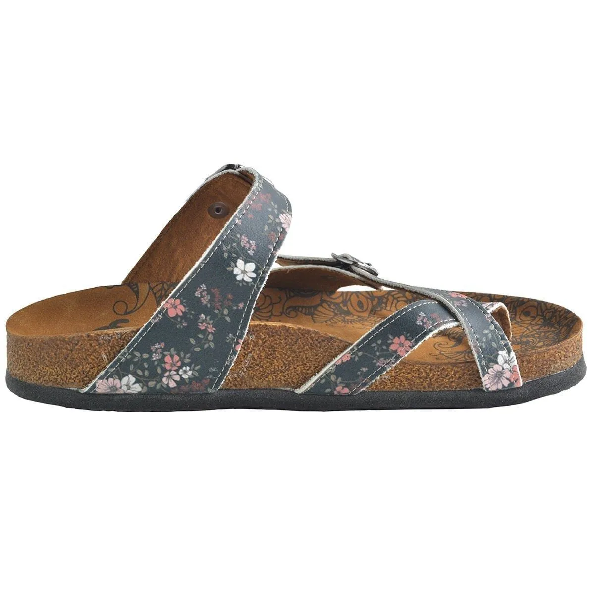 White and Pink Flowers, Green Leafy, Black Pattern Sandal - CAL1009
