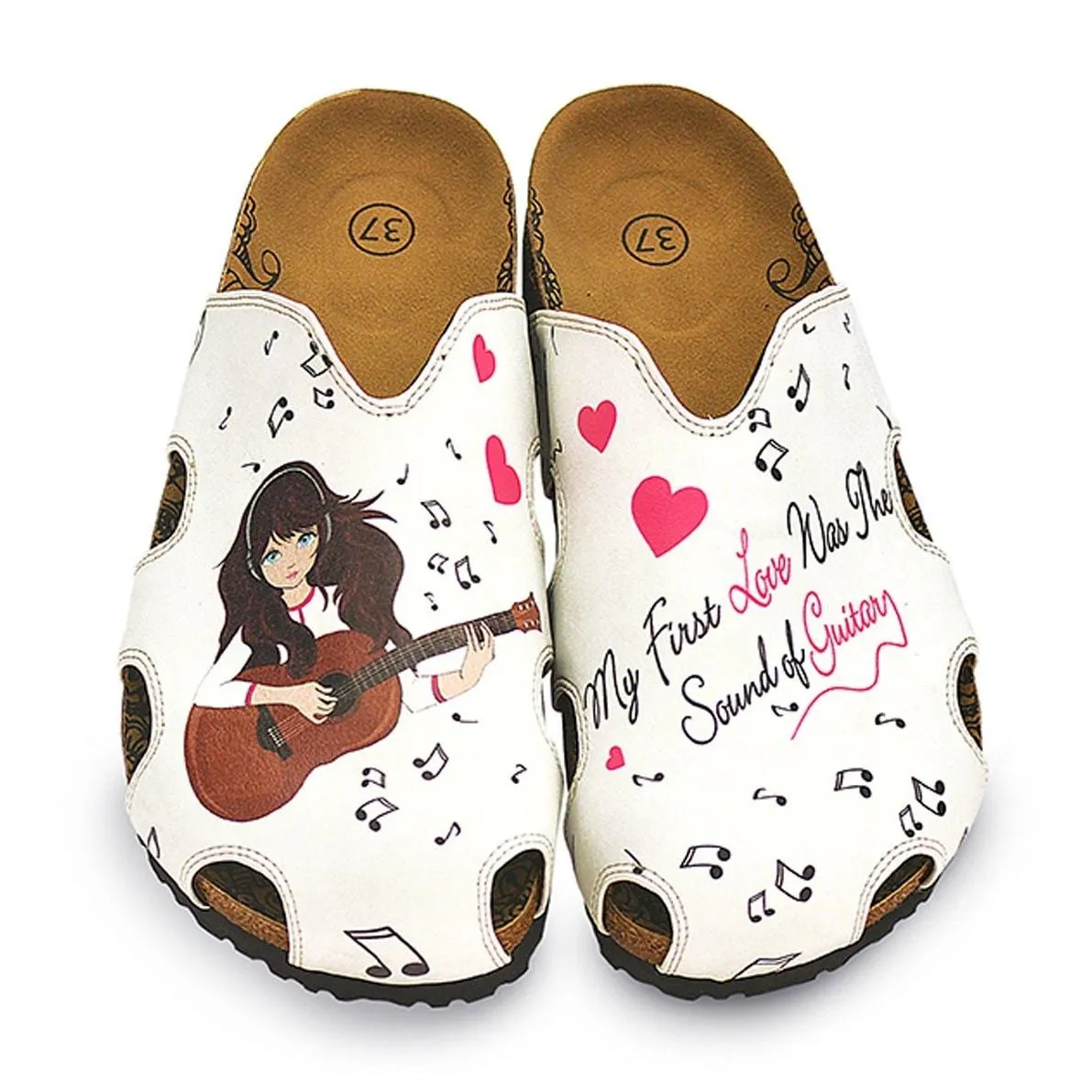 White and Red Hearted Patterned, Music Notes and Playing Guitar Girl Patterned Clogs - WCAL602