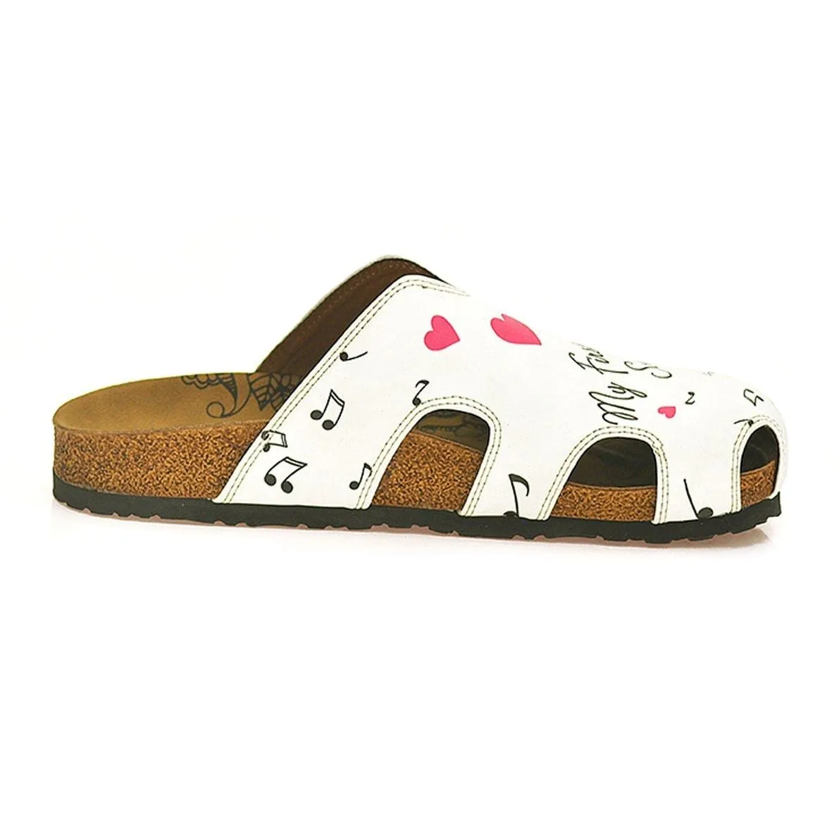 White and Red Hearted Patterned, Music Notes and Playing Guitar Girl Patterned Clogs - WCAL602