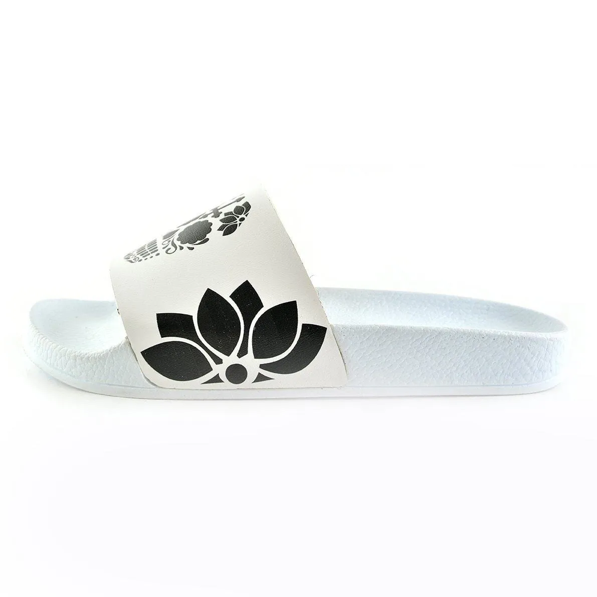 White, Black Colored Flowers and Black Dry Skull Patterned Sandal - CAP116