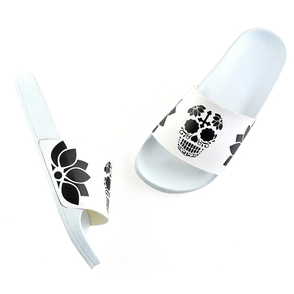 White, Black Colored Flowers and Black Dry Skull Patterned Sandal - CAP116