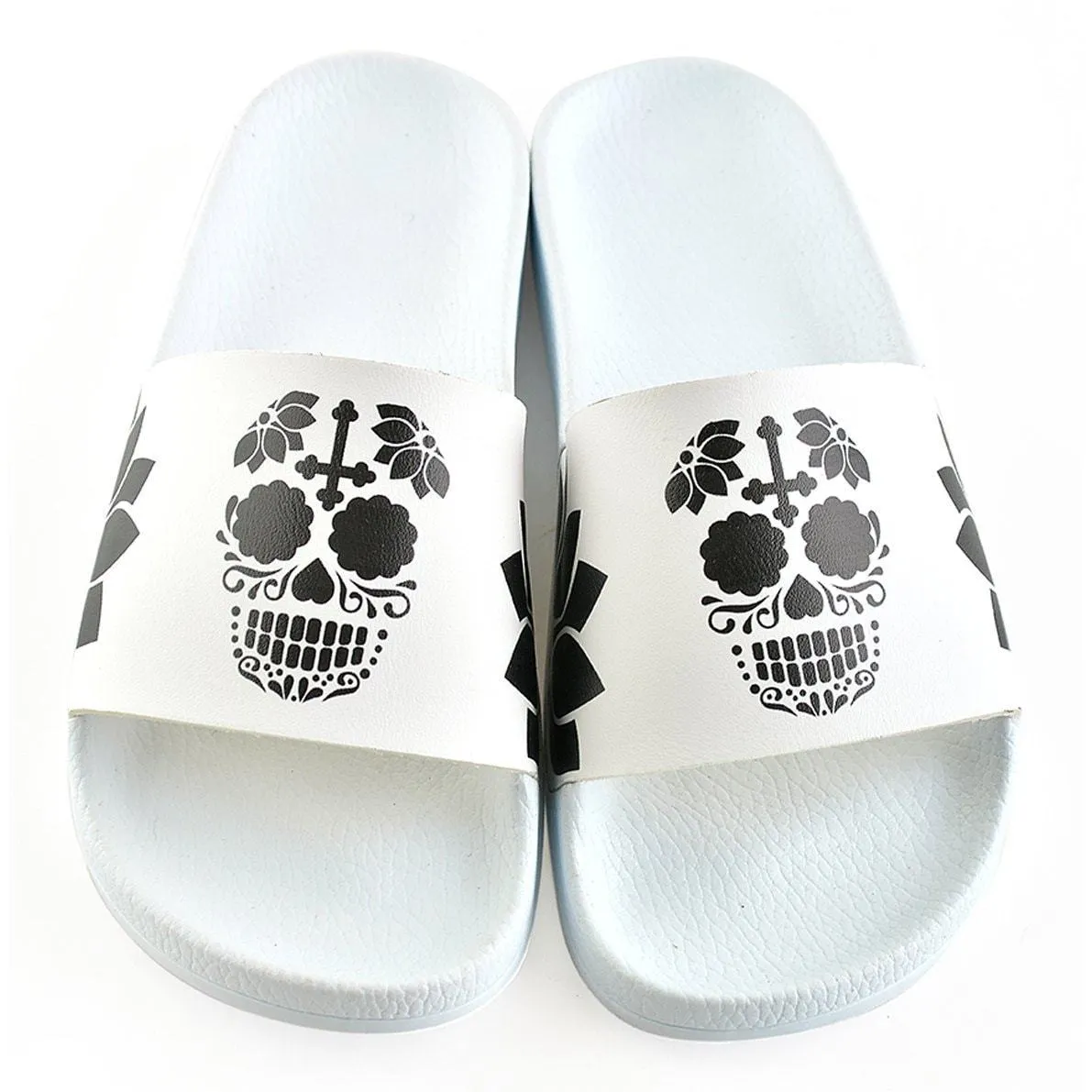White, Black Colored Flowers and Black Dry Skull Patterned Sandal - CAP116