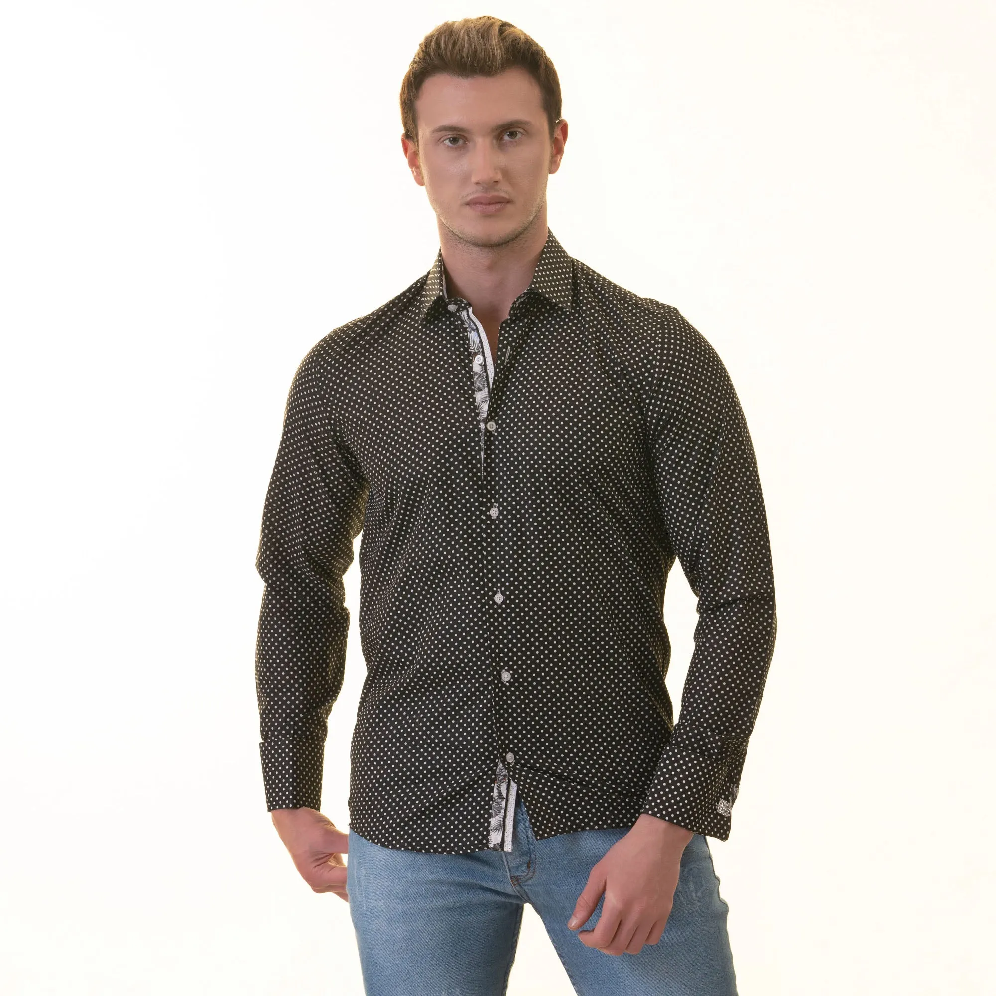 White Black Polka Dot inside Tropical Mens Slim Fit Designer French Cuff Shirt - tailored Cotton Shirts for Work and Casual Wear