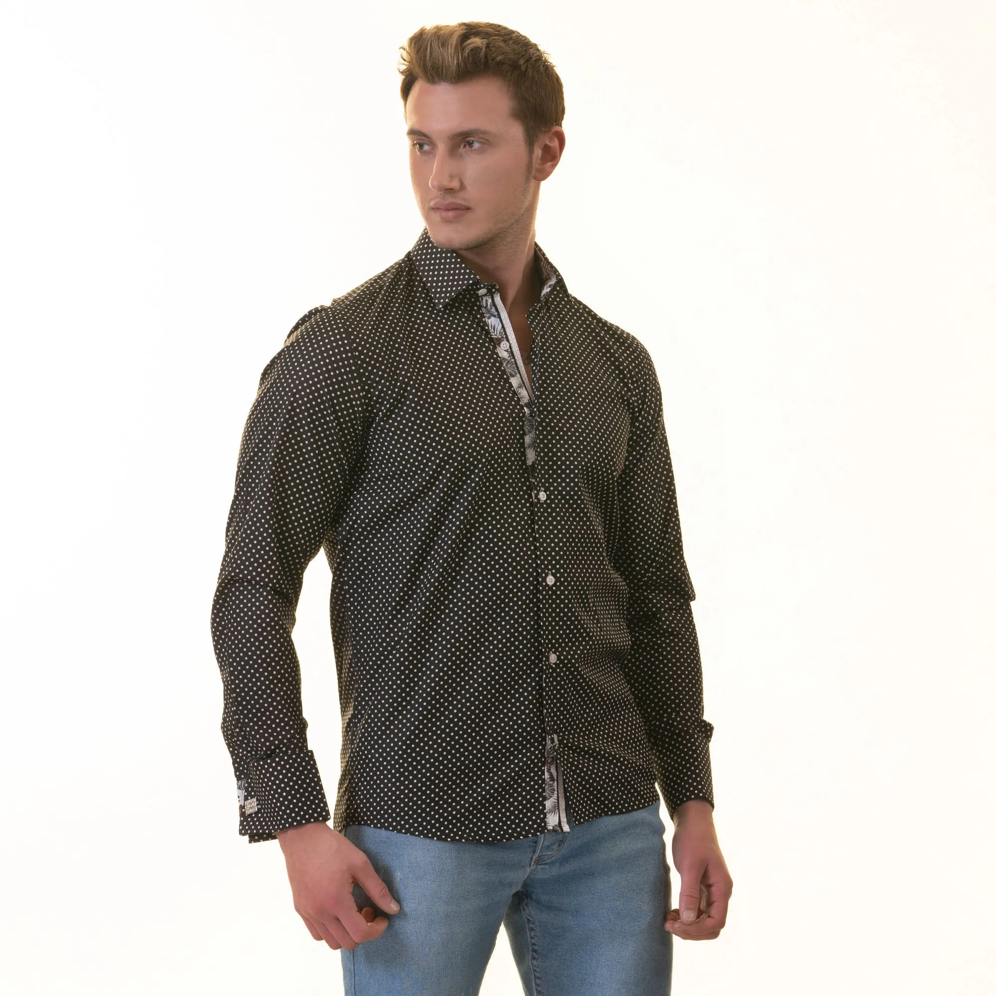White Black Polka Dot inside Tropical Mens Slim Fit Designer French Cuff Shirt - tailored Cotton Shirts for Work and Casual Wear