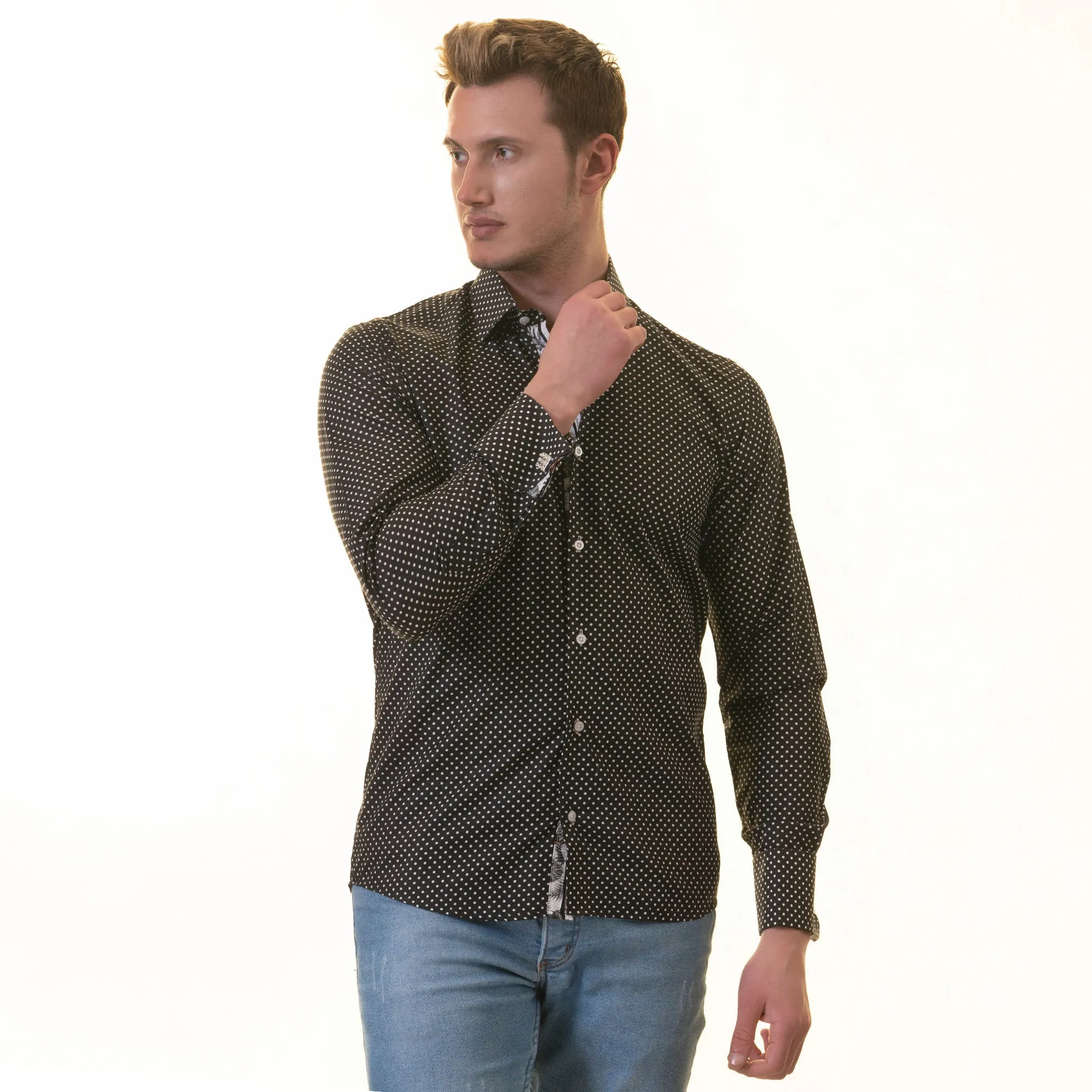 White Black Polka Dot inside Tropical Mens Slim Fit Designer French Cuff Shirt - tailored Cotton Shirts for Work and Casual Wear