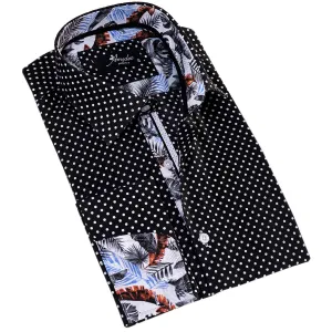 White Black Polka Dot inside Tropical Mens Slim Fit Designer French Cuff Shirt - tailored Cotton Shirts for Work and Casual Wear
