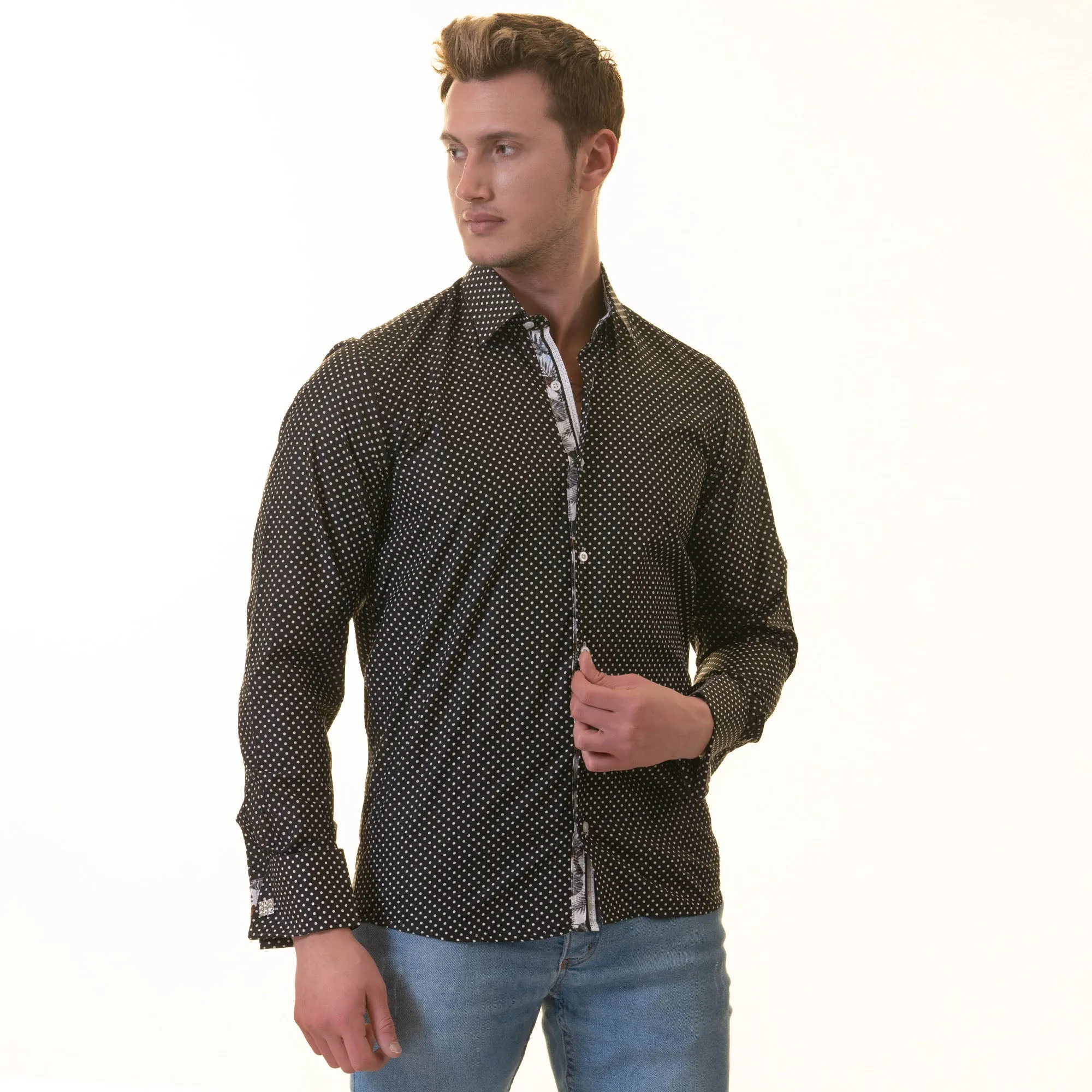 White Black Polka Dot inside Tropical Mens Slim Fit Designer French Cuff Shirt - tailored Cotton Shirts for Work and Casual Wear