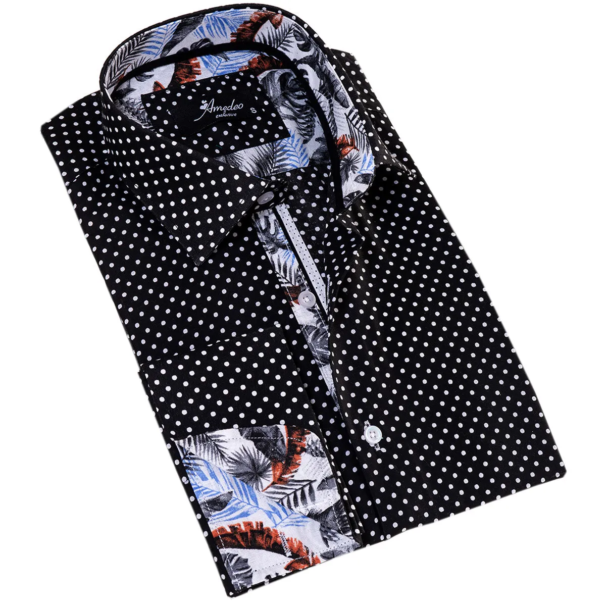 White Black Polka Dot inside Tropical Mens Slim Fit Designer French Cuff Shirt - tailored Cotton Shirts for Work and Casual Wear