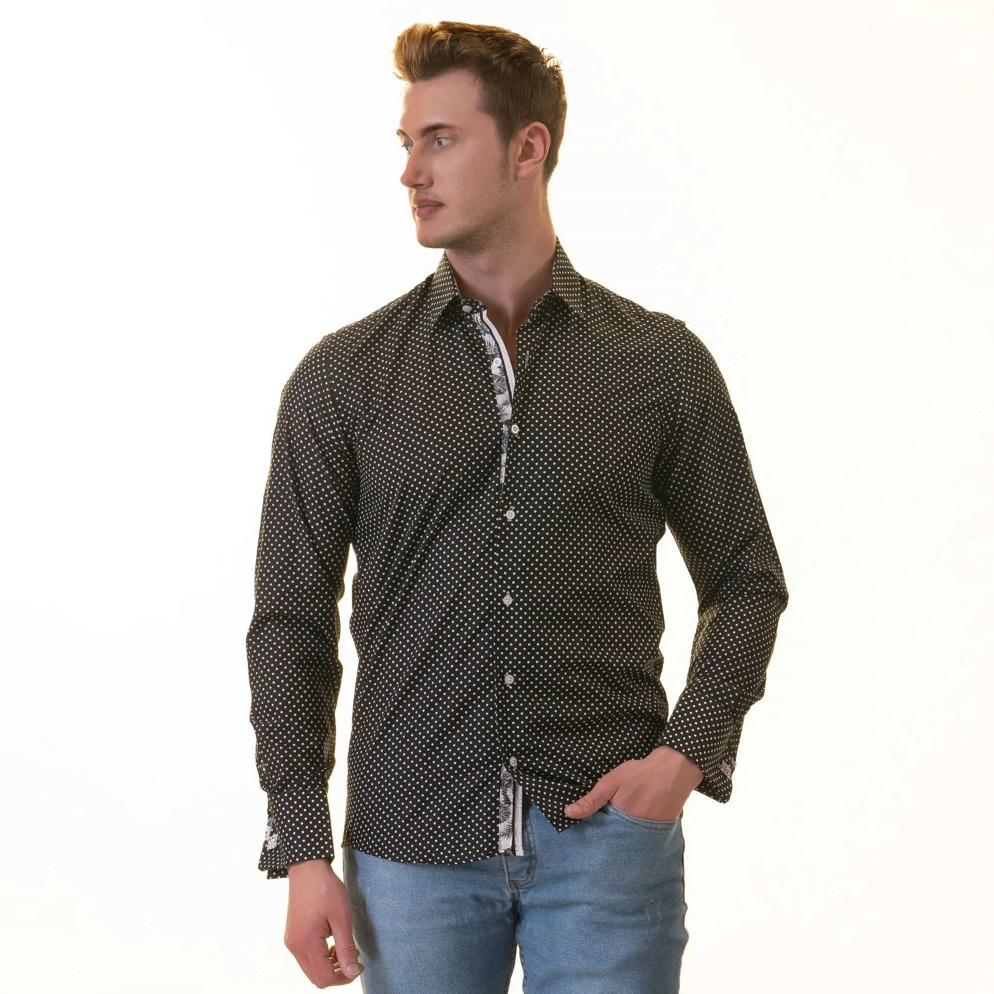 White Black Polka Dot inside Tropical Mens Slim Fit Designer French Cuff Shirt - tailored Cotton Shirts for Work and Casual Wear
