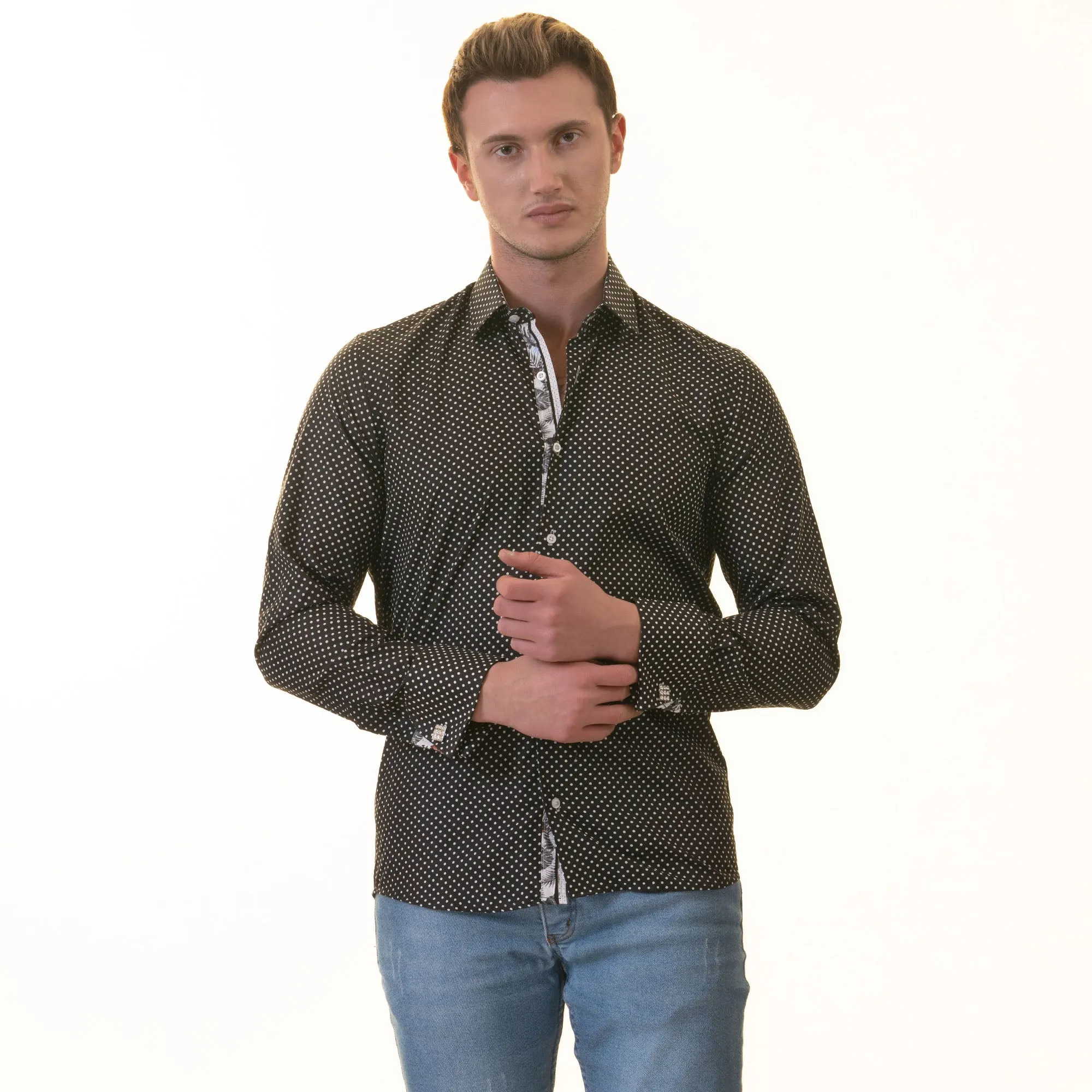 White Black Polka Dot inside Tropical Mens Slim Fit Designer French Cuff Shirt - tailored Cotton Shirts for Work and Casual Wear