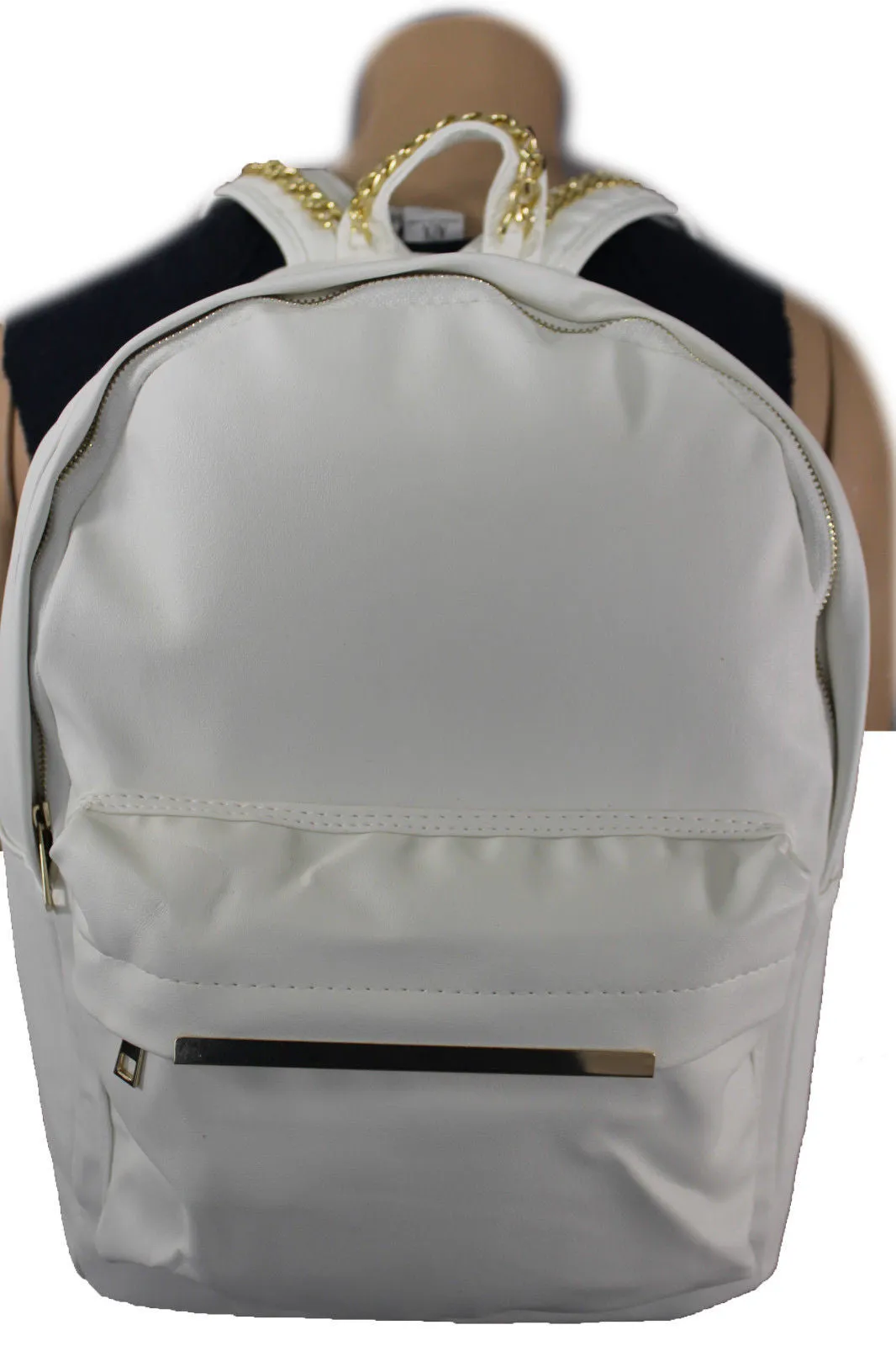 White Cream Faux Leather School Bag Back Pack Travel Gold Metal Chains Women Men