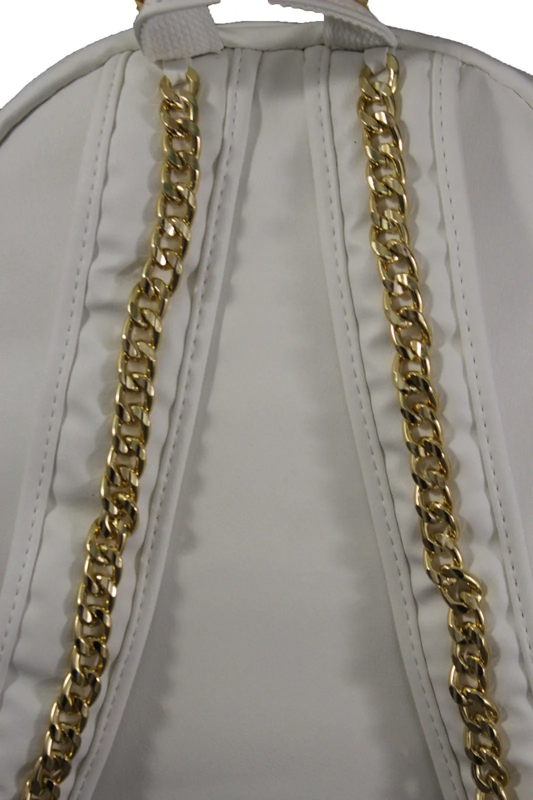 White Cream Faux Leather School Bag Back Pack Travel Gold Metal Chains Women Men