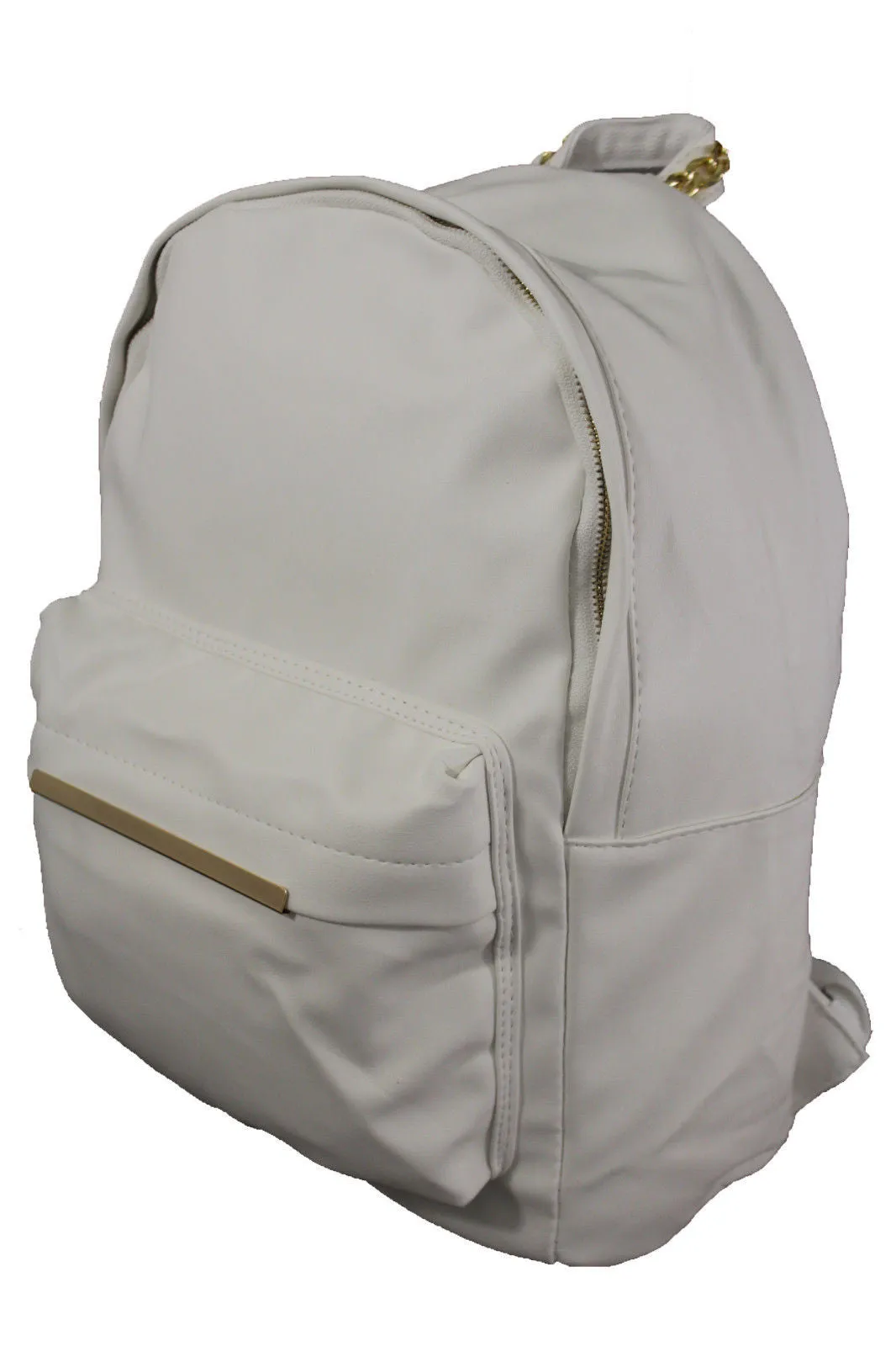 White Cream Faux Leather School Bag Back Pack Travel Gold Metal Chains Women Men