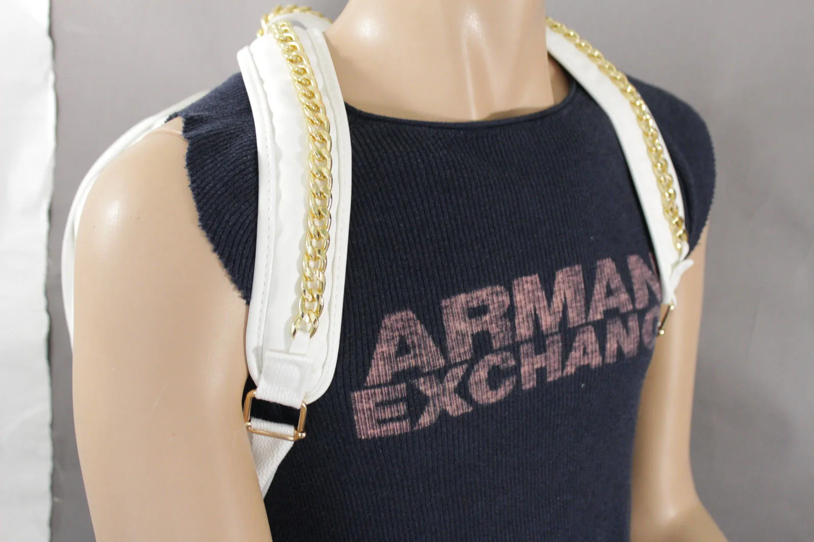 White Cream Faux Leather School Bag Back Pack Travel Gold Metal Chains Women Men