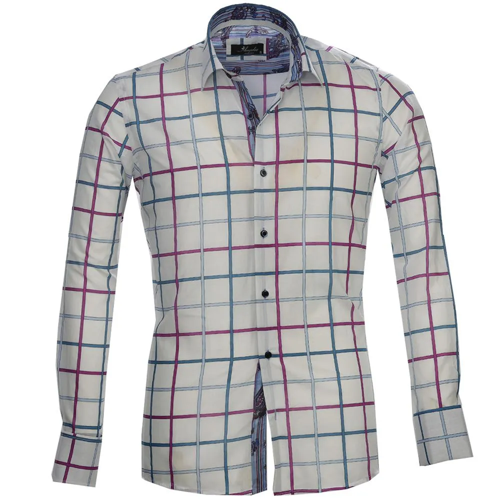 White Pink Blue Check Mens Slim Fit French Cuff Shirts with Cufflink Holes - Casual and Formal