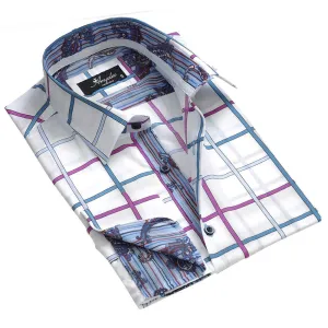 White Pink Blue Check Mens Slim Fit French Cuff Shirts with Cufflink Holes - Casual and Formal