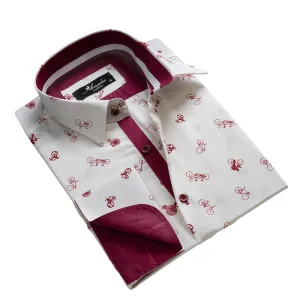 White with Burgandy Bicycles Mens Slim Fit French Cuff Dress Shirts with Cufflink Holes - Casual and Formal