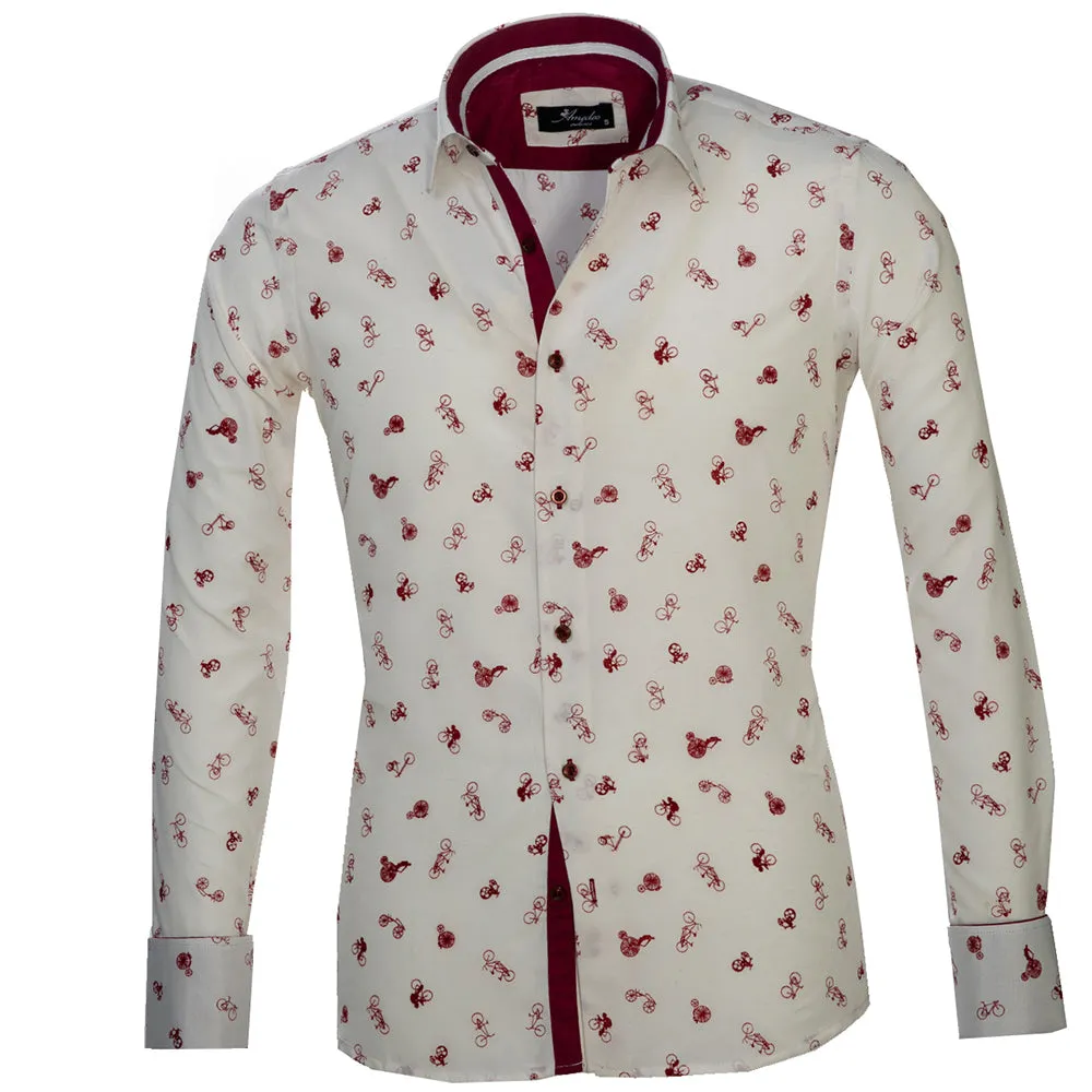 White with Burgandy Bicycles Mens Slim Fit French Cuff Dress Shirts with Cufflink Holes - Casual and Formal