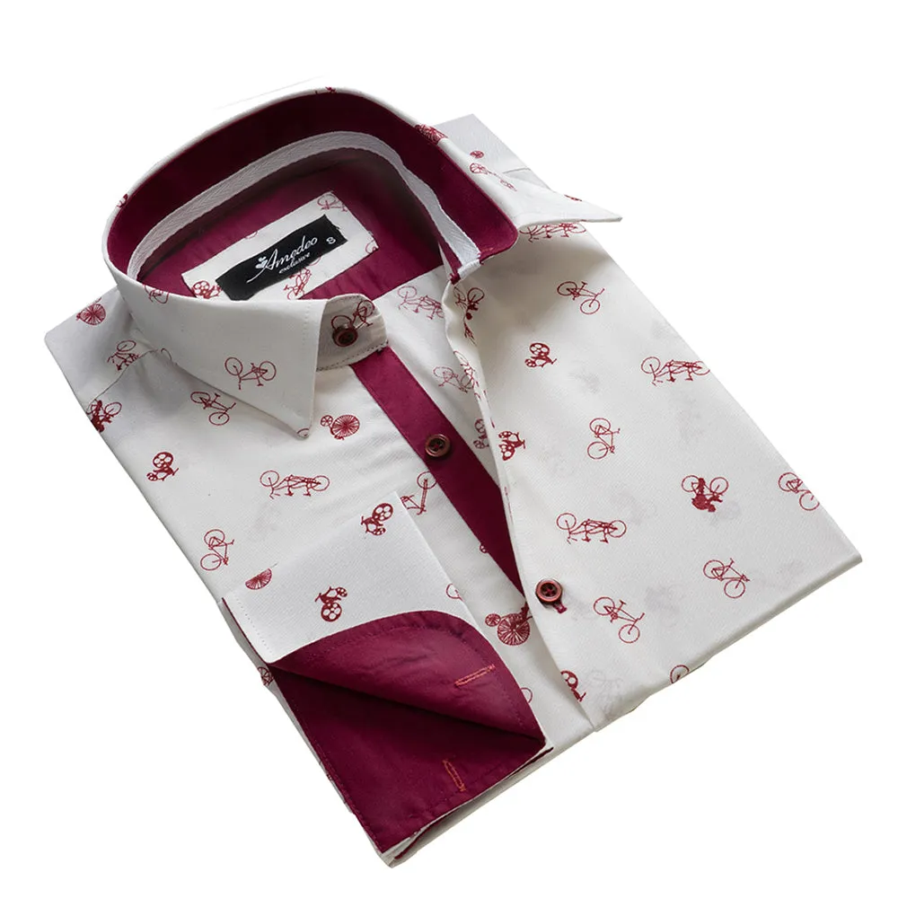 White with Burgandy Bicycles Mens Slim Fit French Cuff Dress Shirts with Cufflink Holes - Casual and Formal