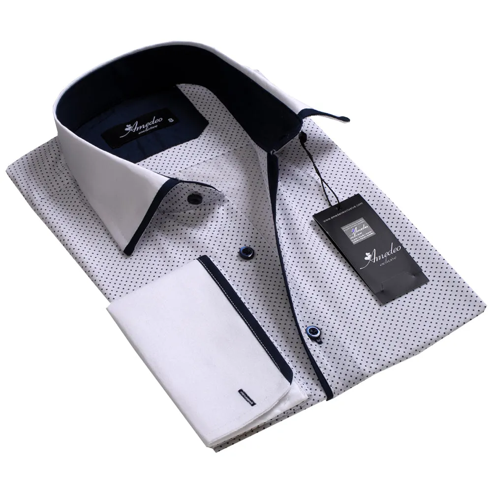 White with Navy Dots Mens Slim Fit French Cuff Dress Shirts with Cufflink Holes - Casual and Formal