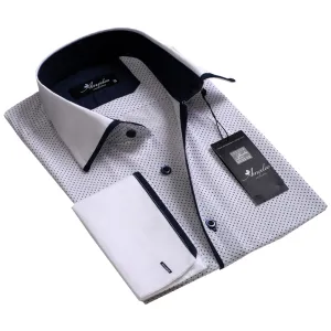 White with Navy Dots Mens Slim Fit French Cuff Dress Shirts with Cufflink Holes - Casual and Formal