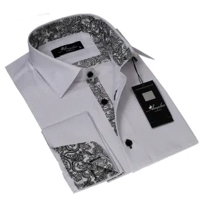 White with White Black Paisley Mens Slim Fit French Cuff Dress Shirts with Cufflink Holes - Casual and Formal