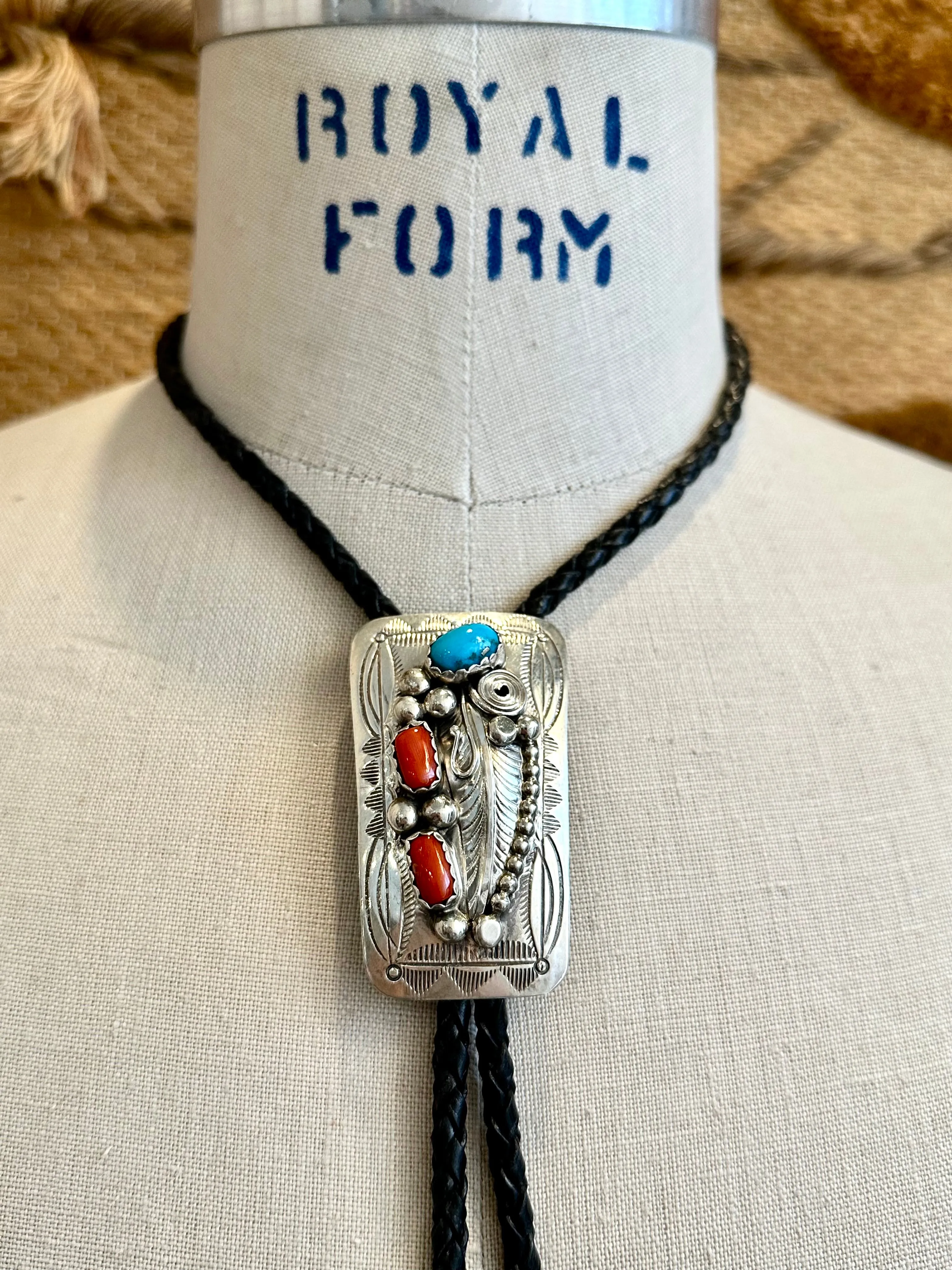 WILBUR MYERS Navajo Turquoise & Coral Sterling Silver Bolo Tie w/ Leather Cord
