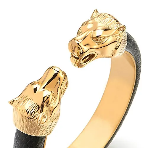Wolf Head Open Cuff Bangle Bracelet|Men Leather Jewelry