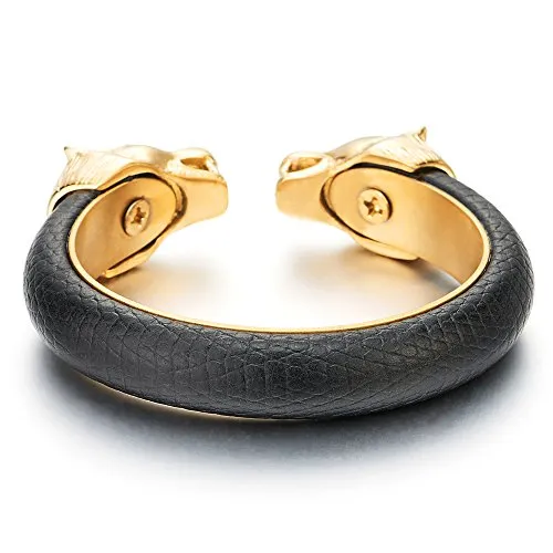 Wolf Head Open Cuff Bangle Bracelet|Men Leather Jewelry