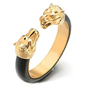 Wolf Head Open Cuff Bangle Bracelet|Men Leather Jewelry
