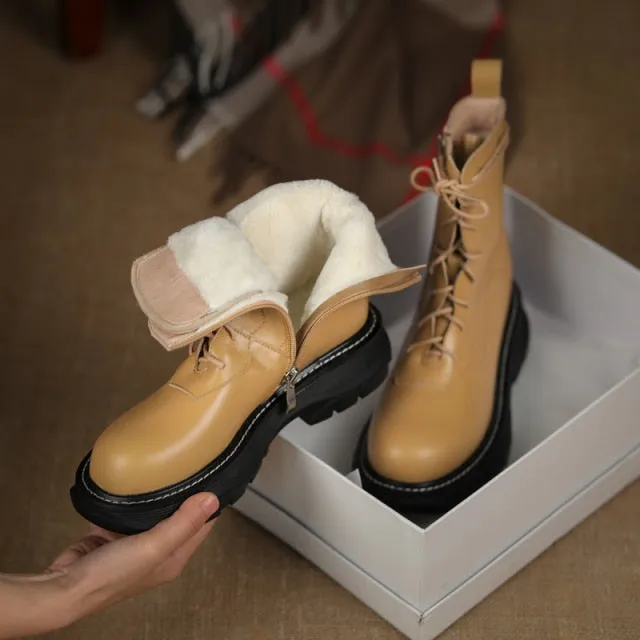 Women Genuine Leather Comfortable Wool Winter Boots