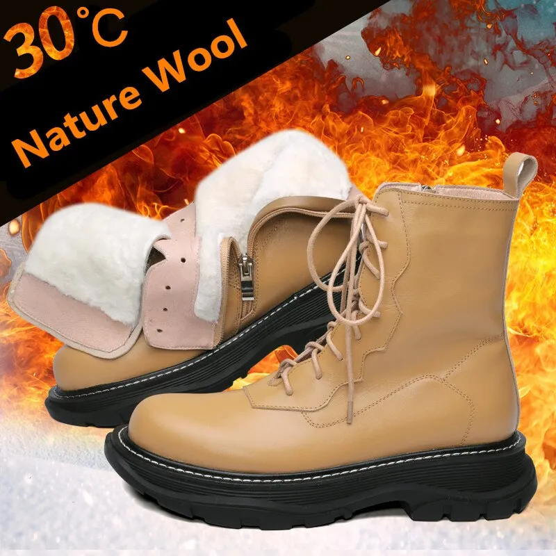 Women Genuine Leather Comfortable Wool Winter Boots