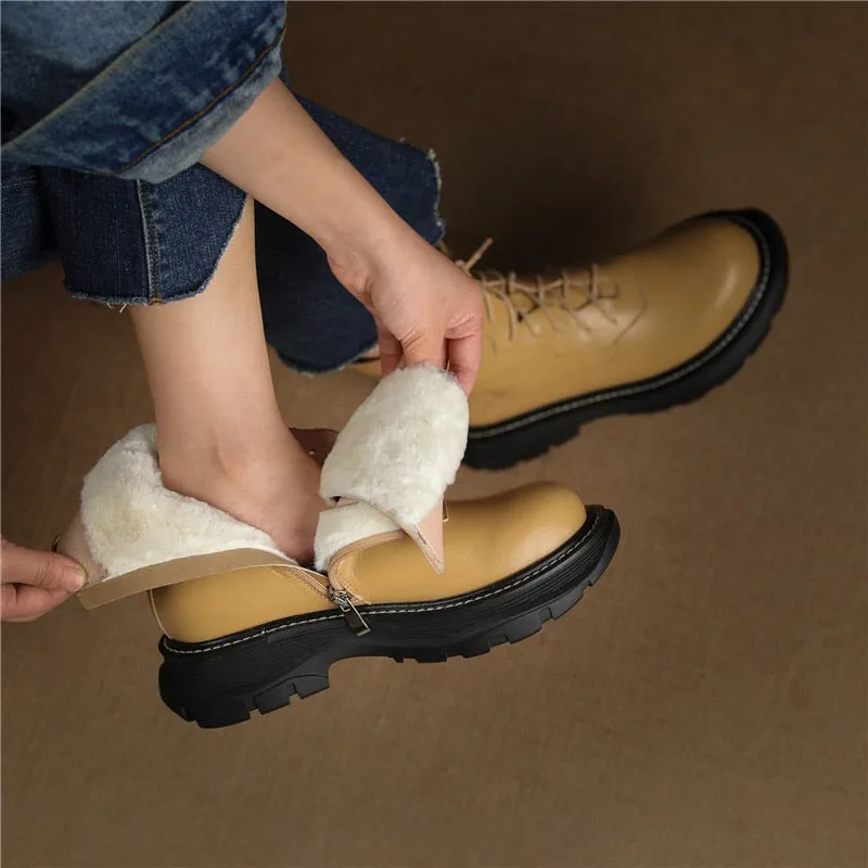 Women Genuine Leather Comfortable Wool Winter Boots