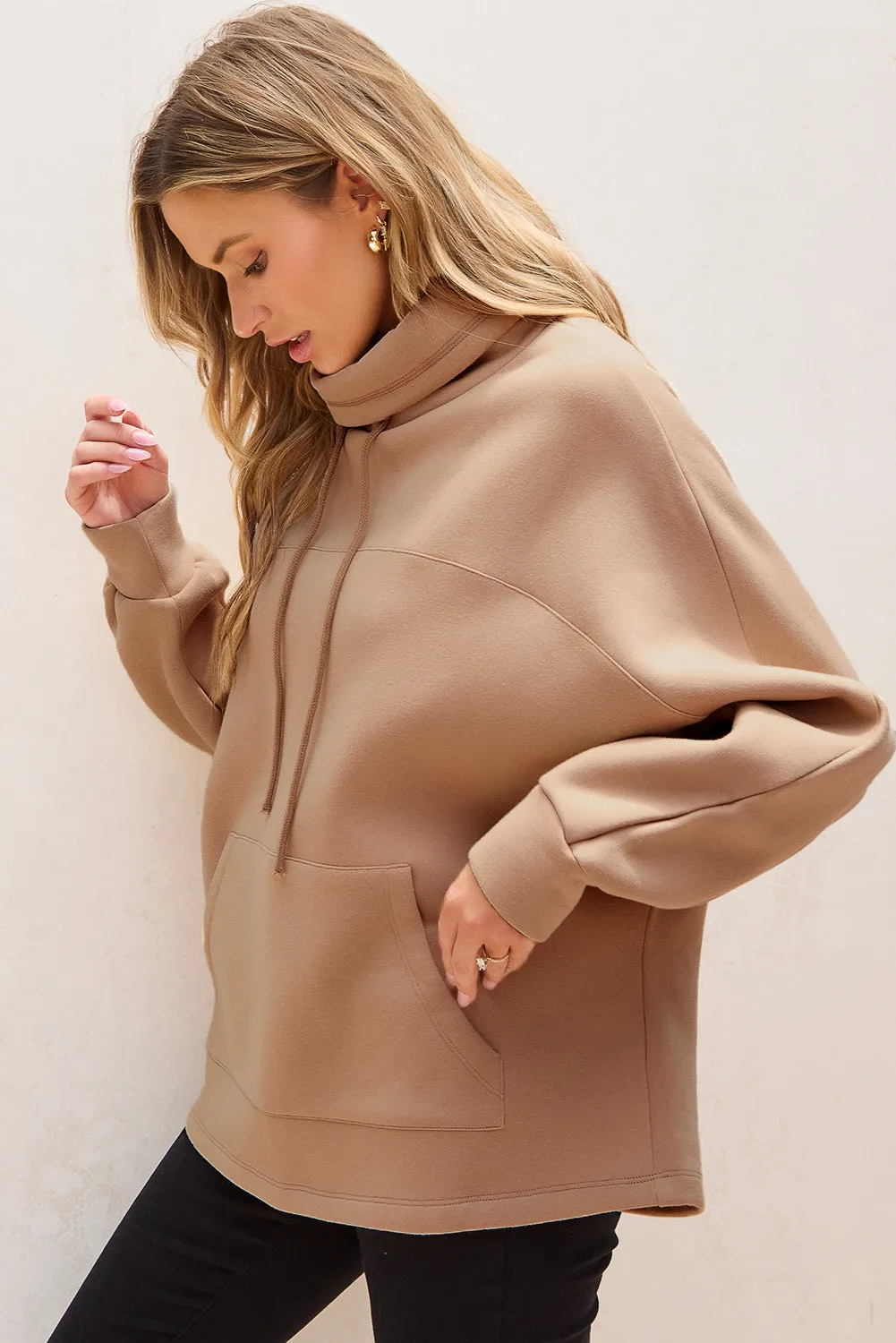 Womens Beige Drawstring Turtleneck Sweatshirt