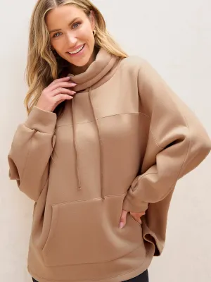 Womens Beige Drawstring Turtleneck Sweatshirt