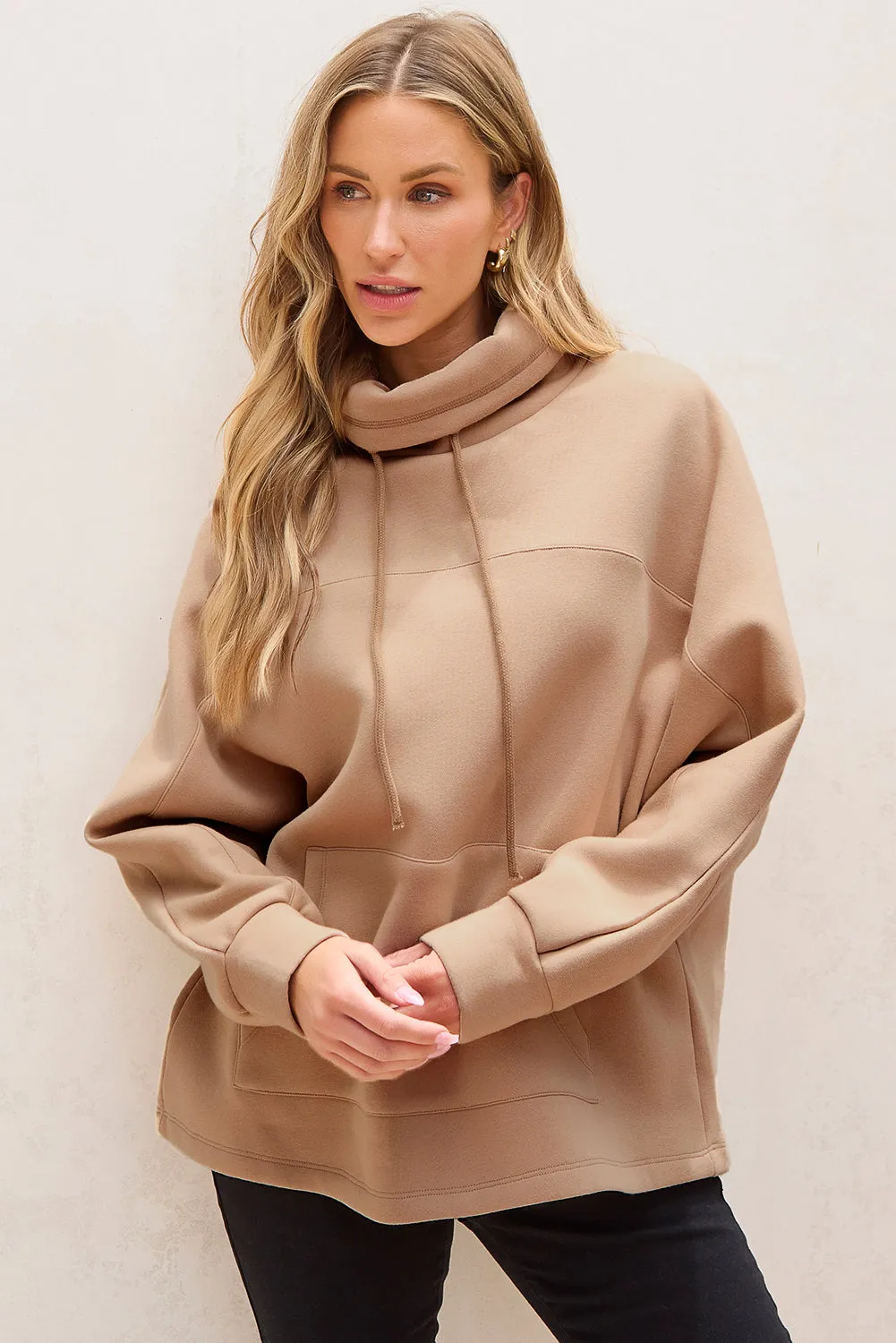Womens Beige Drawstring Turtleneck Sweatshirt
