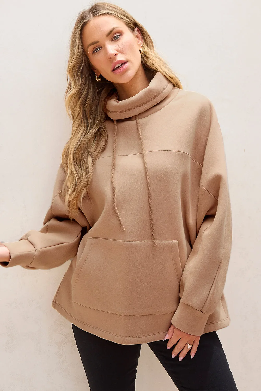 Womens Beige Drawstring Turtleneck Sweatshirt