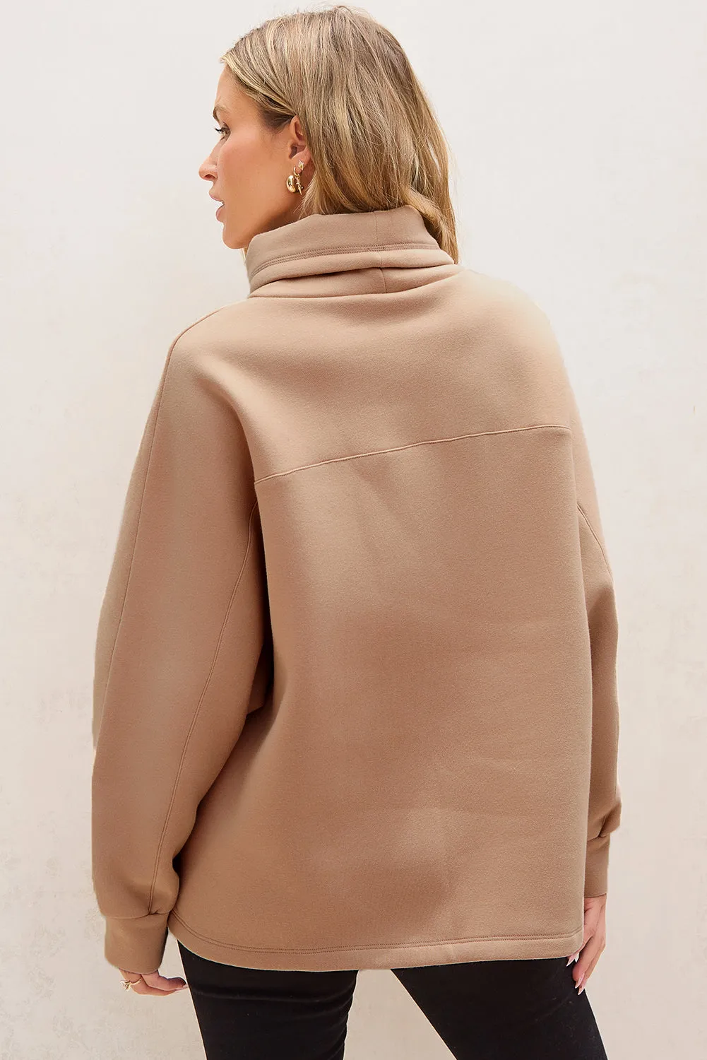Womens Beige Drawstring Turtleneck Sweatshirt